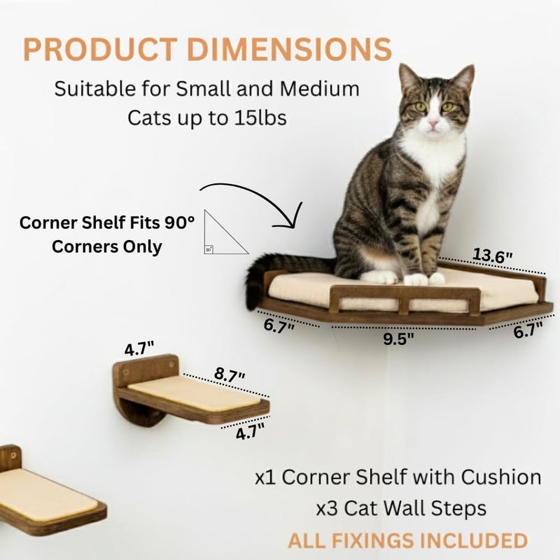 INICIO Cat Wall Shelves - Modern and Durable 3 Step Cat Furniture for Wall - Stylish Birch Floating Shelf for Cats up to 15lbs - Wooden Corner Shelves with Cushioned Perch - Brown - Image 2